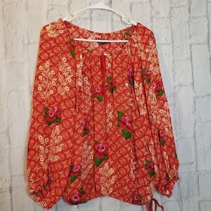 BENARES Red Rose Peasant Blouse Small
